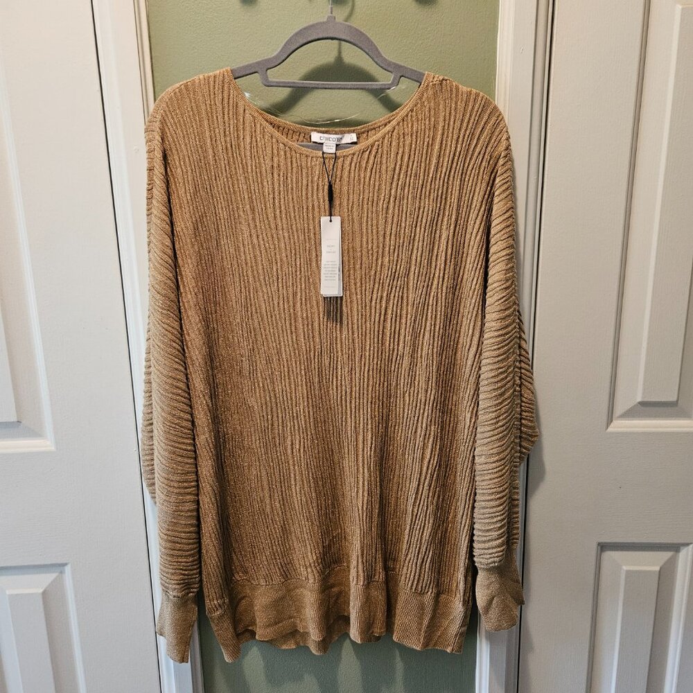 Chico's Textured Lurex Zebra Print Dolman Sleeve Sweater XXL Gold Sparkle Tan